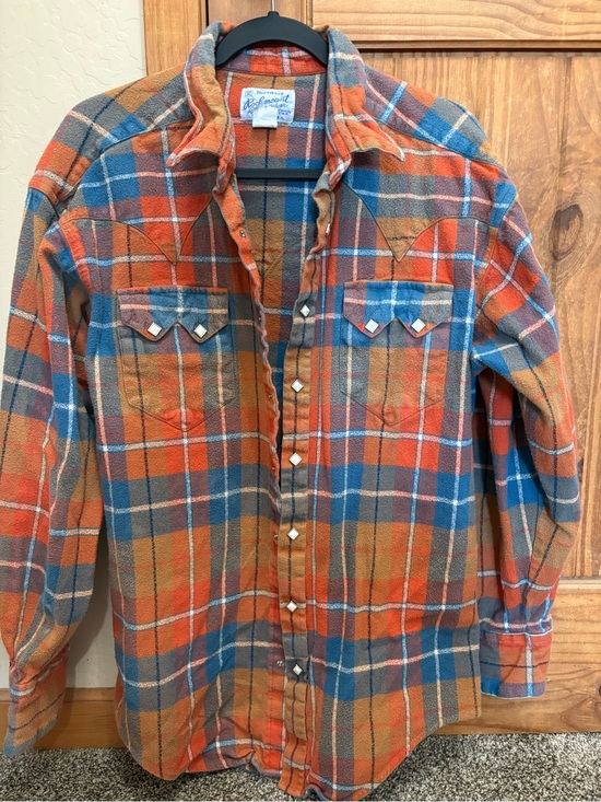 Rockmount Ranch Wear Tops - Classic Plaid Button-Down Shirt in Orange, Blue & Brown